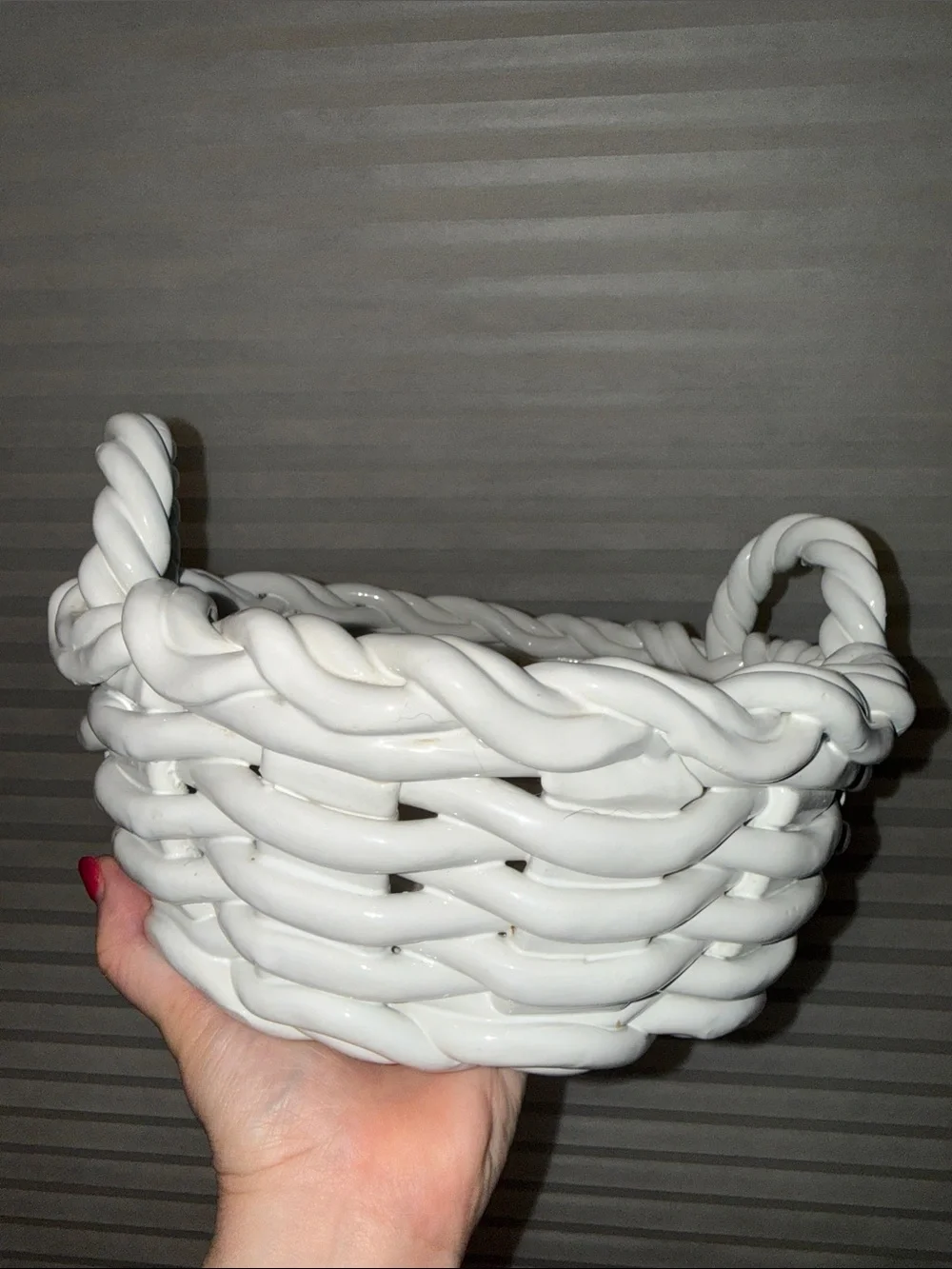 White Ceramic Woven Basket / Bread Decorative Bowl Stamped Made in Italy